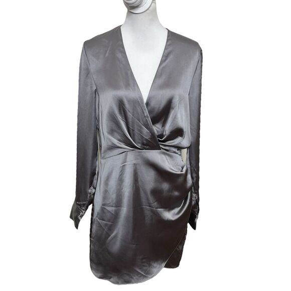 ZARA Satin Faux Wrap Mini Dress Charcoal Grey A-Line Women’s Size Large - Picture 2 of 13